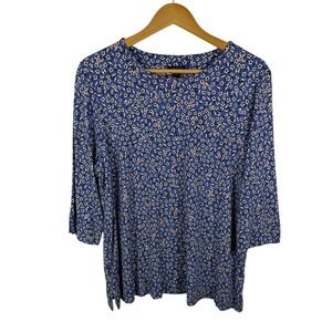 J Jill Wearever Floral Tunic Top Large Blue Soft Stretch‎ Knit Comfy Everyday